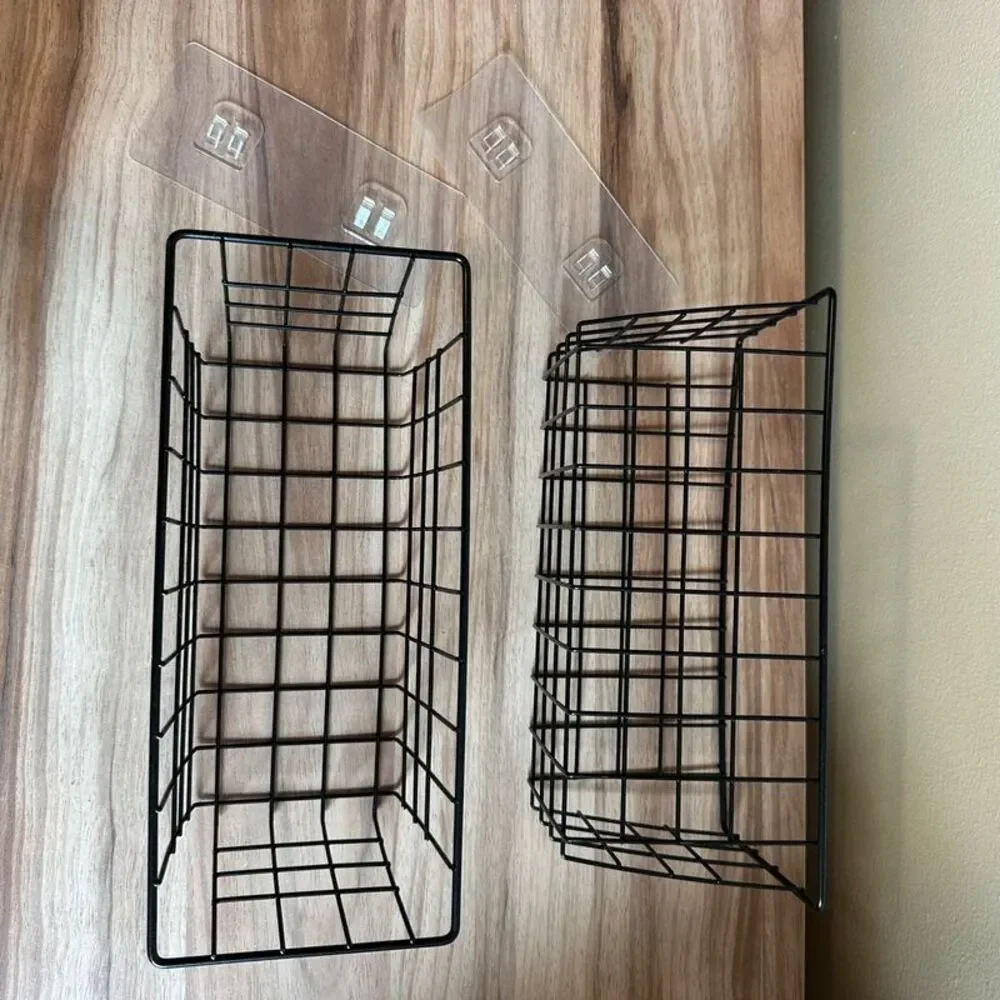 MaraFansie 2 Black Wire Wall Storage Baskets Adhesive Mount Organizer 11x5
